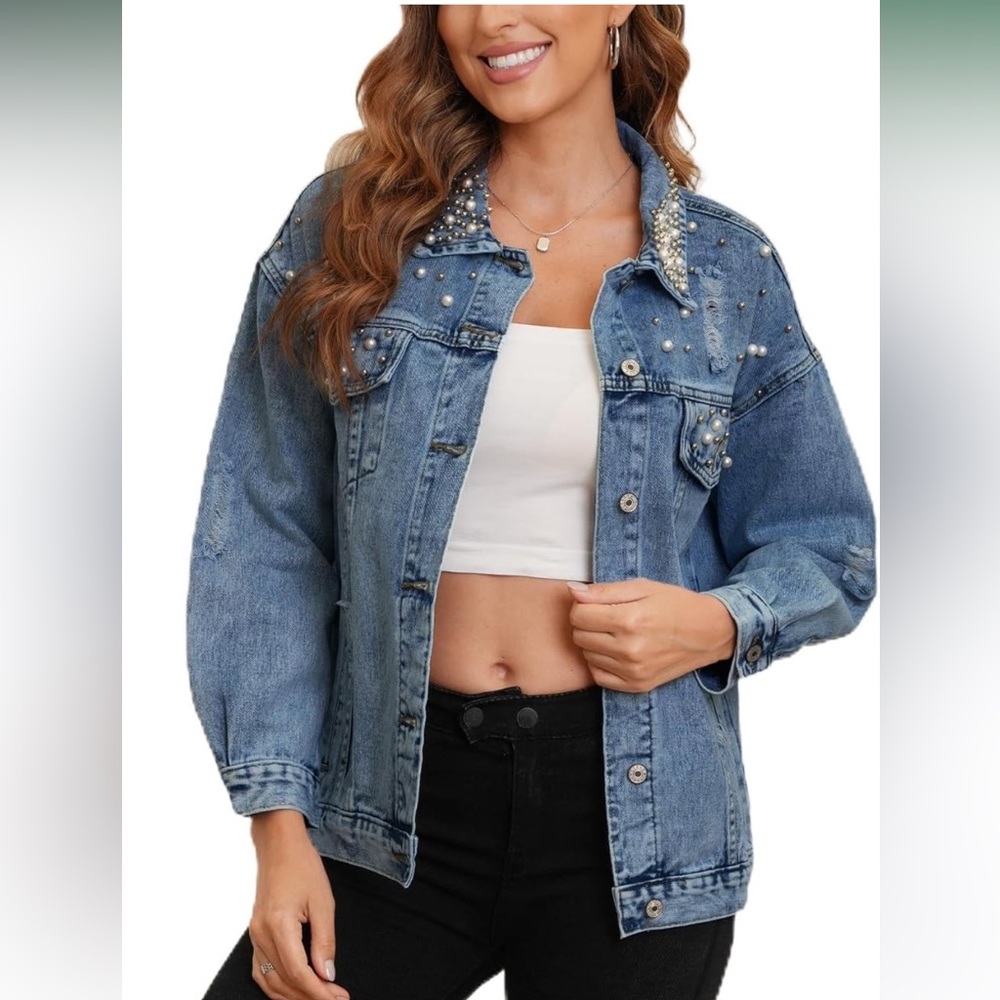 NWT Women's Blue Denim Jacket with Pearl Accents